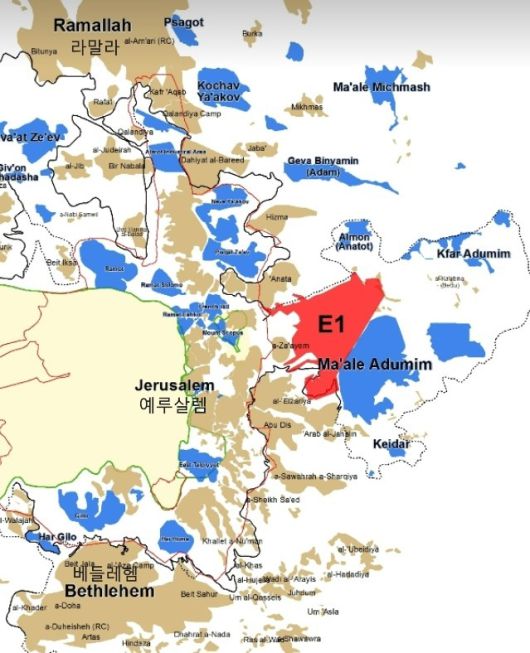 ▲20일(현지시간) 이스라엘이 승인한 요르단강 서안지구 E1 정착촌 위치. 이 정착촌은 서안지구 주요 도시인 라말라와 베들레헴 사이, 예루살렘 동쪽에 위치해 있다. ⓒPeace Now
