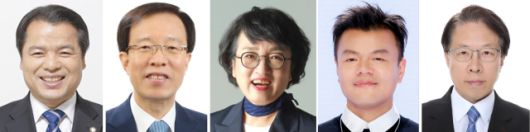 ▲9일 대통령실은 중앙선거관리위원 후보자 등의 인선을 발표했다. 왼쪽부터 중앙선거관리위원 후보자 위철환 변호사, 대통령직속 국민통합위원회 위원장 이석연 전 법제처장, 국가건축정책위원장 김진애 전 의원, 대중문화교류위원회 공동위원장 박진영 JYP엔터테인먼트 대표 프로듀서, 대통령실 인사수석 조성주 한국법령정보위원장. ⓒ연합뉴스