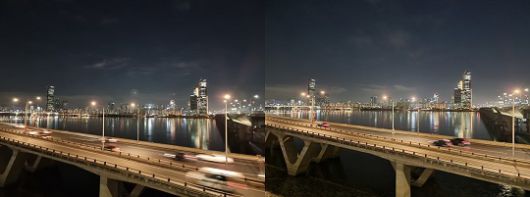 마포대교서 갤럭시S21 울트라로 촬영한 한강 전경. 왼쪽이 일반, 오른쪽이 야간모드를 적용한 사진이다. /사진=백유진 기자