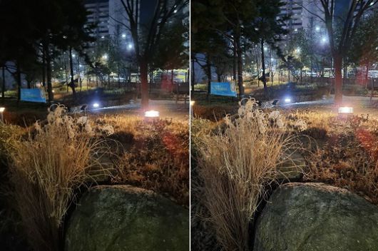 갤럭시S21 울트라로 촬영한 사진. 왼쪽이 일반, 오른쪽이 야간모드를 적용한 사진이다. 더욱 밝게 촬영될 뿐만 아니라 사물 윤곽도 더 뚜렷하게 잡아낸다./사진=백유진 기자