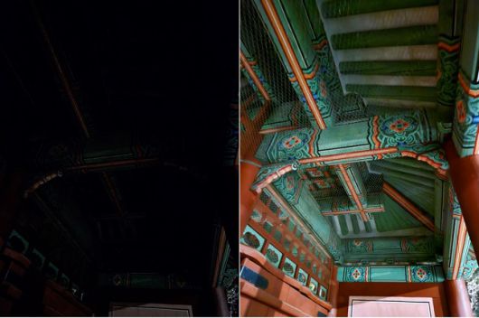 갤럭시S23 플러스로 촬영한 사진. 왼쪽은 일반, 오른쪽은 야간모드를 적용했다. 야간모드를 적용하니 깜깜했던 서까래에 무늬가 선명히 드러났다./사진=백유진 기자 byj@