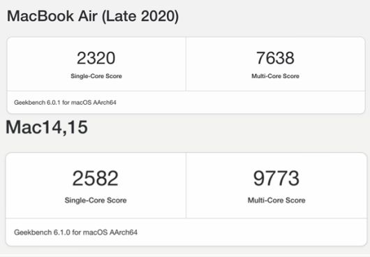 M1를 탑재한 맥북 에어(위)와 M2를 탑재한 맥북 에어15(아래)의 긱벤치 테스트 결과./사진=긱벤치 캡처