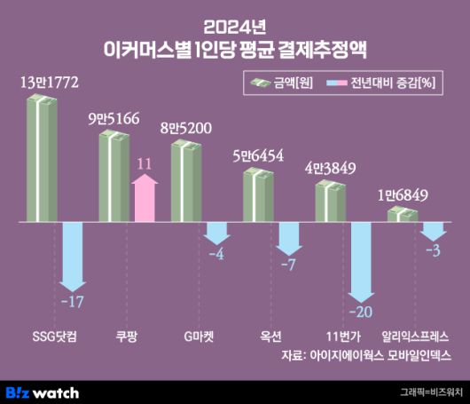 지난해 이커머스별 1인당 평균 결제추정액 및 전년 대비 증감율 /그래픽=비즈워치