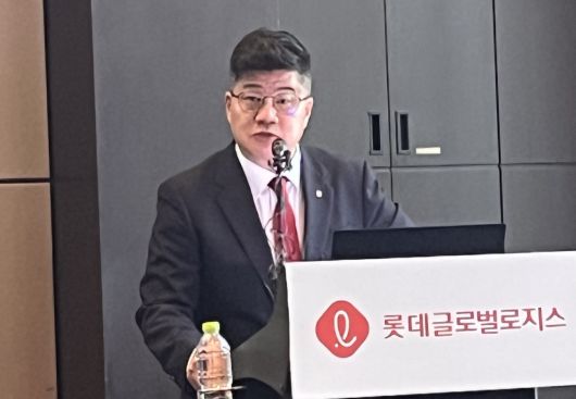 강병구 롯데글로벌로지스 대표이사가 21일 서울 여의도 콘래드 호텔에서 열린 IPO간담회에서 발언하고 있다./사진=김보라 기자