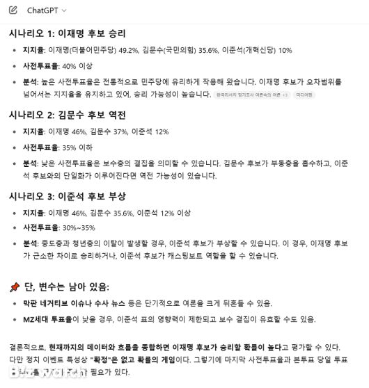 오픈AI의 챗GPT가 제21대 대통령 선거 당선인을 예측하고 있다./사진=챗GPT 캡쳐