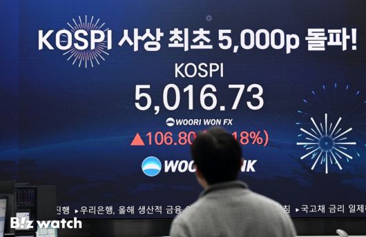 22일 한국 증시가 사상 처음으로 '코스피 5000 시대'를 열었다. 사진은 우리은행 딜링룸 코스피 지수 전광판 모습./사진=이명근 기자 qwe123@