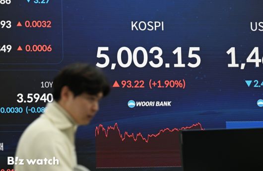 22일 한국 증시가 사상 처음으로 '코스피 5000 시대'를 열었다. 사진은 우리은행 딜링룸 코스피 지수 전광판 모습./사진=이명근 기자 qwe123@