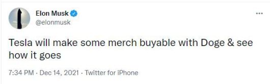[서울=뉴시스]일론 머스크 테슬라 최고경영자(CEO)가 14일(현지시간) 암호화폐 도지코인으로 테슬라의 일부 상품을 구매할 수 있도록 하겠다고 밝혔다. (사진=머스크 트위터 캡처) 2021.12.14.