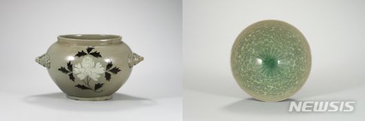 [서울=뉴시스] 사진 왼쪽부터 청자 상감 모란무늬 항아리(고려 12-13세기, 국보, 높이 19.7㎝), 청자 상감 국화 넝쿨무늬 완(고려 12-13세기, 국보, 높이 6.2㎝). (사진=국립중앙박물관 제공) 2022.11.22. photo@newsis.com *재판매 및 DB 금지