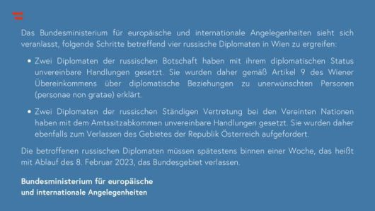 [서울=뉴시스]오스트리아 정부는 2일 빈주재 러시아 유엔대표부 외교관 2명과 러시아 대사관 외교관 2명 등 모두 4명의 러시아 외교관에게 출국 명령을 내렸다고 밝혔다. 추방 사실을 밝히고 있는 오스트리아 외무부의 트윗. <사진 출처 : 트위터> 2023.2.2