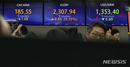[서울=뉴시스] 최진석 기자 = 코스피가 전 거래일(2299.08)보다 12.51포인트(0.54%) 상승한 2311.59에 장을 시작한 27일 서울 중구 명동 하나은행 딜링룸에서 딜러들이 업무를 보고 있다.  코스닥지수는 전 거래일(743.85)보다 6.02포인트(0.81%) 오른 749.87에 거래를 시작, 서울 외환시장에서 원·달러 환율은 전 거래일(1360원)보다 6.3원 내린 1353.7원에 개장했다. 2023.10.27. myjs@newsis.com