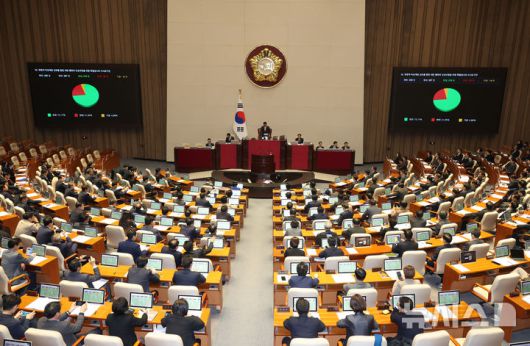 [서울=뉴시스] 고승민 기자 = 10일 서울 여의도 국회에서 열린 제418회국회(정기회) 제18차 본회의에서 위헌적 비상계엄 선포를 통한 내란 행위의 진상규명을 위한 특별검사의 수사요구안이 재석 287인, 찬성 210인, 반대 63인, 기권 14인으로 가결되고 있다. 2024.12.10. kkssmm99@newsis.com