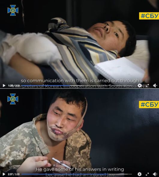 [서울=뉴시스] 우크라이나 보안국(SBU)은 생포된 북한군 2명의 모습을 담은 영상을 11일(현지 시간) 소셜미디어를 통해 공개했다. (사진=SBU 소셜미디어 갈무리) 2025.01.12. photo@newsis.com *재판매 및 DB 금지