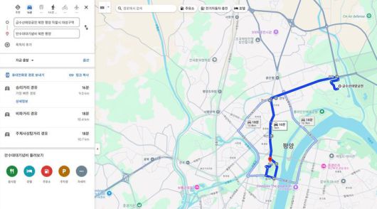 [서울=뉴시스] 구글 지도는 북한 평양 금수산태양궁전에서 만수대대기념비까지의 자동차·도보 경로를 안내할 수 있다. (사진=구글 지도 캡처) *재판매 및 DB 금지