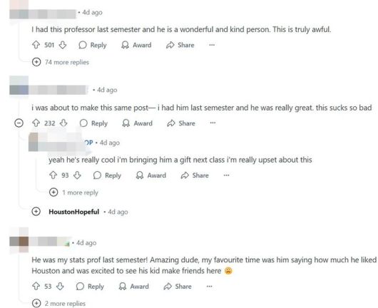 [서울=뉴시스] 전 교수 수업 중단에 대한 학생들의 반응. (출처=휴스턴대 SNS '레딧') 2025.04.18. photo@newsis.com *재판매 및 DB 금지