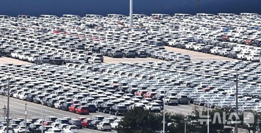 [평택=뉴시스] 김종택 기자 = 경기 평택항 자동차 전용부두에 선적을 기다리는 수출용 차량이 세워져 있다. 2025.04.21. jtk@newsis.com