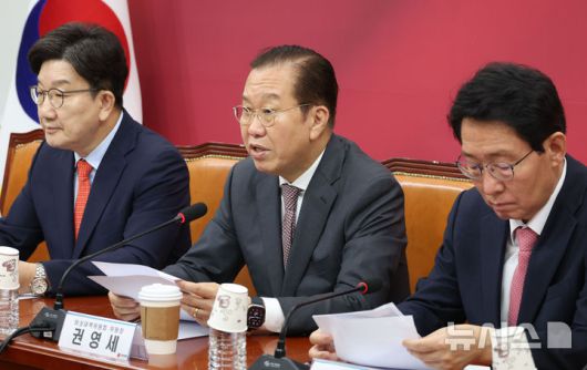 [서울=뉴시스] 조성봉 기자 = 권영세 국민의힘 비상대책위원장이 24일 오전 서울 여의도 국회에서 열린 비상대책위원회 회의에서 발언을 하고 있다. 2025.04.24. suncho21@newsis.com