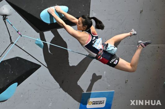 [쑤저우=AP/뉴시스] 서채현이 27일(현지 시간) 중국 쑤저우 우장에서 열린 2025 국제스포츠클라이밍연맹(IFSC) 월드컵 2차 여자부 리드 결승 경기를 펼치고 있다. 서채현은 41점(4분26초)으로 에린 맥니스(영국)와 동률을 이뤄 공동 우승을 차지했다. 2025.04.27