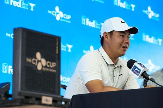 [서울=뉴시스] 미국프로골프(PGA) 투어 더 CJ컵 바이런 넬슨 공식 기자회견에서 인터뷰하는 김주형. (사진=CJ그룹 제공) *재판매 및 DB 금지