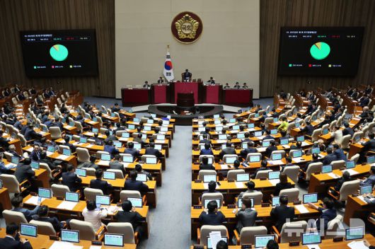 [서울=뉴시스] 권창회 기자 = 1일 서울 여의도 국회에서 열린 제424회 국회(임시회) 제7차 본회의에서 2025년도 제1회 추가경정예산안이 통과되고 있다. 2025.05.01. kch0523@newsis.com