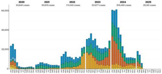 [세종=뉴시스] 세계보건기구 지역별 연도별, 월별 홍역 발생 현황(2020~2025)(사진=질병관리청) *재판매 및 DB 금지