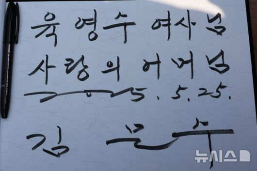 [옥천=뉴시스] 권창회 기자 = 김문수 국민의힘 대선 후보가 25일 오전 충북 옥천군 고(故) 육영수 여사 생가를 방문해 작성한 방명록. 2025.05.25. kch0523@newsis.com