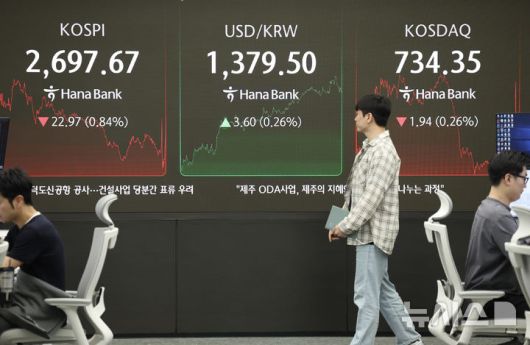 [서울=뉴시스] 김명년 기자 = 30일 오후 서울 중구 하나은행 딜링룸에서 딜러들이 업무를 보고 있다. 코스피는 전 거래일(2720.64)보다 22.97포인트(0.84%) 내린 2697.67에 장을 마쳤다. 코스닥 지수는 전 거래일(736.29)보다 1.94포인트(0.26%) 하락한 734.35에 거래를 종료했다. 서울 외환시장에서 원·달러 환율은 전 거래일(1375.9원)보다 4.2원 오른 1380.1원에 주간 거래를 마감했다. 2025.05.30. kmn@newsis.com