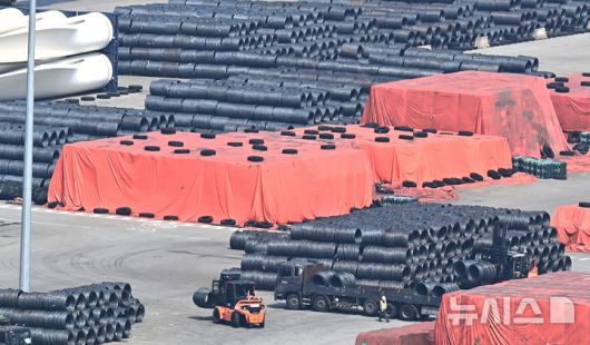 [평택=뉴시스] 김종택 기자 = 1일 경기 평택시 포승읍 평택항 수출 야적장에 철강 제품이 쌓여 있다.2025.06.01. jtk@newsis.com