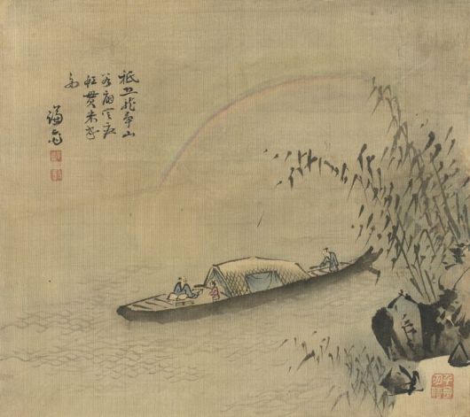 홍관미주도(경교명승첩) 虹貫米舟圖(京郊名勝帖) Mi Fu’s Boat under the Rainbow(Album of Scenic Sites in the Capital and Suburbs) 정선 조선, 1740 ? 1741년 비단에 수묵담채 27.0 × 29.3 cm 간송미술문화재단 보물 *재판매 및 DB 금지