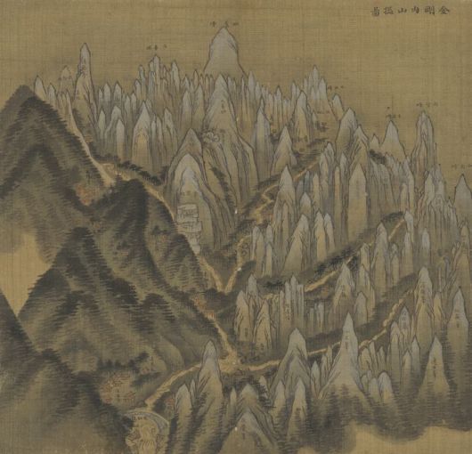 금강내산총도(신묘년풍악도첩) 金剛內山總圖(辛卯年楓嶽圖帖) General View of Inner Geumgangsan (Album of Geumgangsan Mountain in the ‘Sinmyo’ Year) 정선 조선, 1711년 비단에 수묵담채 36.0 × 37.5 cm 국립중앙박물관 보물 *재판매 및 DB 금지