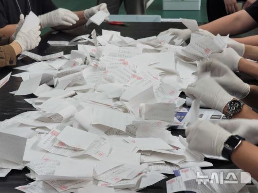 [대구=뉴시스] 이상제 기자 = 제21대 대통령 선거일인 3일 대구 남구 영남이공대학교 천마체육관에 마련된 개표소에서 개표사무원들이 투표용지를 분류하고 있다. 2025.06.03. king@newsis.com