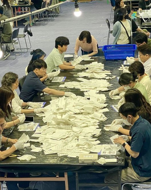 [대구=뉴시스] 정재익 기자 = 제21대 대통령 선거가 열린 3일 대구 북구 대구시민운동장에 마련된 개표소에서 개표사무원들이 투표용지를 분류하고 있다. 2025.06.03. jjikk@newsis.com *재판매 및 DB 금지