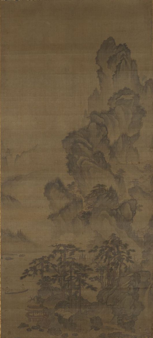 [서울=뉴시스] 산수도, 구전 송 미우인(1074~1153), 조선 16세기 중반, 비단에 먹과 색, 3폭 일본 모리박물관(사진=국립중앙박물관 제공) 2025.06.09. photo@newsis.com *재판매 및 DB 금지