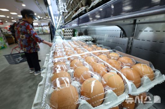 [서울=뉴시스] 황준선 기자 = 서울 시내 한 대형마트 계란 매대에 소비자들이 계란을 고르고 있다. 2025.06.09. hwang@newsis.com