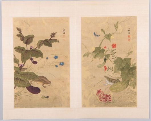 복원된 겸재 정선 화훼영모화첩 중 '하마가자'(두꺼비와 가지. 왼쪽)와 '과전전계'(외밭의 참개구리). 조선 18세기, 비단에 색 각 31.0×18.8cm, 간송미술문화재단 소장 *재판매 및 DB 금지