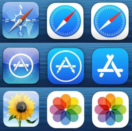 애플 앱 아이콘의 변천 과정. 가장 왼쪽은 1세대 아이폰부터 적용된 '스큐어모피즘' 디자인 기법의 아이콘이고 가운데는 2013년 iOS 7 업데이트 이후 미니멀리즘 기법으로 바뀐 아이콘 형태다. 가장 오른쪽은 iOS 7 이후 세부 사항이 변경된 앱 아이콘의 모습. (사진=노벨테크 유튜브 캡처) *재판매 및 DB 금지