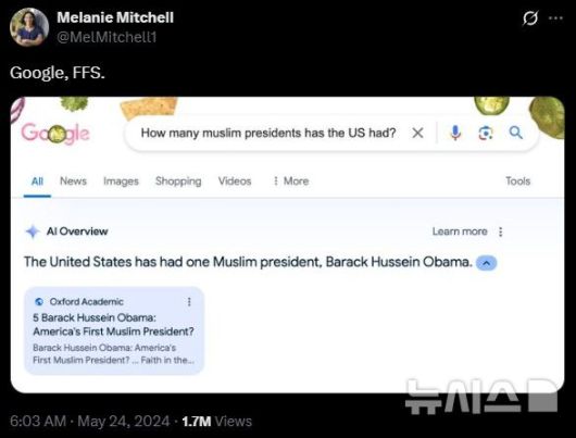 [서울=뉴시스] 외신에 따르면 지난해 5월24일 구글 'AI 개요' 출시 초기 한 이용자가 무슬림 출신 미국 대통령 수를 묻자 버락 오바마 전 대통령 1명이라고 답해 화제가 됐다. (사진=엑스 캡처)