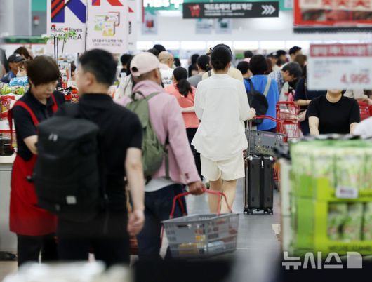 [서울=뉴시스] 조성우 기자 = 서울 한 대형마트에서 시민들이 물품을 보고 있다.  2025.06.20. xconfind@newsis.com