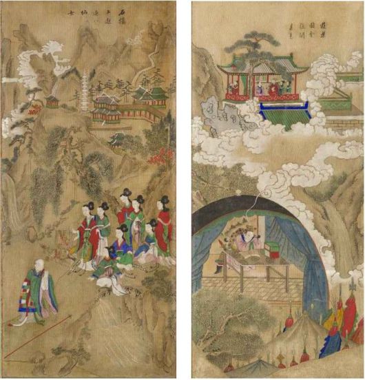 [서울=뉴시스] 구운몽도 병품 성진이 팔선녀를 만나는 장면(1폭)  (오른쪽)양소유가 용왕의 딸 백능파를 만나는 꿈을 꾸는 장면(6폭) (사진=국가유산청 제공:) 2025.06.23. photo@newsis.com *재판매 및 DB 금지