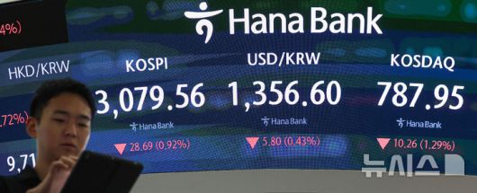 [서울=뉴시스] 권창회 기자 = 26일 오후 서울 중구 하나은행 딜링룸에서 딜러들이 업무를 보고 있다코스피가 전 거래일보다 26.89포인트(0.92%) 내린 3079.56에 마감했다. 코스닥 지수는 전 거래일보다 10.26포인트(1.29%) 하락한 787.95, 원·달러 환율은 전 거래일보다 5.5원 내린 1356.9원에 마감했다.. 2025.06.26. kch0523@newsis.com