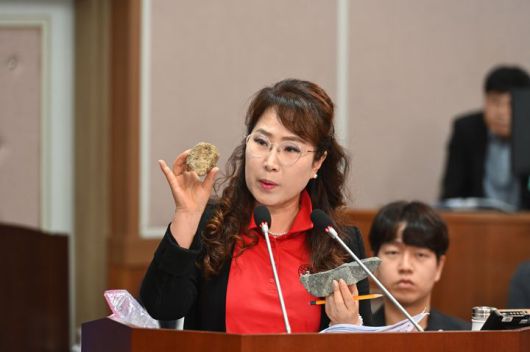 [거제=뉴시스] 신정철 기자= 거제시의회 정명희 의원(행정복지위원회, 국민의힘)은 지난 27일 제255회 제1차 정례회 제3차 본회의에서 시정질문 통해 거제시의 행정타운 조성사업 등을 강도 높게 비판했다. 사진은 정 의원의 시정 질문 모습.(사진=거제시의회 제공).2025.06.28. photo@newsis.com *재판매 및 DB 금지