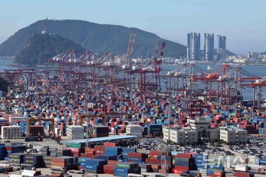 [부산=뉴시스] 하경민 기자 = 이날 부산 남구 신선대부두 야적장에 수출입 컨테이너가 쌓여 있다. 2025.07.01. yulnetphoto@newsis.com