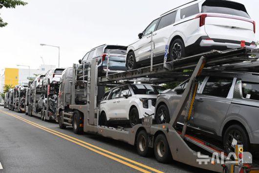 [평택=뉴시스] 김종택 기자 = 경기 평택항 자동차 전용부두에 수출용 차량이 세워져 있는 모습. 2025.07.01. jtk@newsis.com