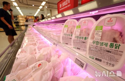 [서울=뉴시스] 이영환 기자 = 초복이 보름 가량 앞으로 다가오면서 육계 가격이 작년보다 30% 가까이 상승할 것으로 전망된 3일 서울 시내의 한 대형마트에 닭고기가 진열되어 있다. 2025.07.03. 20hwan@newsis.com
