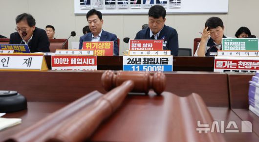 [세종=뉴시스] 강종민 기자 = 3일 세종시 정부세종청사에서 열린 최저임금위원회 9차 전원회의에 참석한 류기정 사용자위원과 류기섭 근로자위원이 의사봉 뒤로 나란히 앉아 있다. 2025.07.03. ppkjm@newsis.com