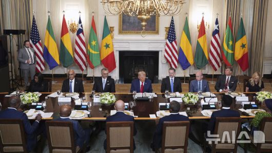 [워싱턴=AP/뉴시스] 도널드 트럼프 미국 대통령이 9일(현지 시간) 워싱턴 백악관에서 열린 아프리카 지도자들과의 오찬 중 발언하고 있다.트럼프 대통령은 이날 세네갈, 라이베리아, 기니비사우, 모리타니, 가봉 등 아프리카 5개국 정상과 오찬했다. 2025.07.11.