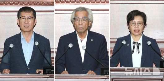 [정읍=뉴시스] 15일 열린 정읍시의회 제305회 임시회 제1차 본회의, 왼쪽부터 이복형 의원, 김승범 의원, 서향경 의원이 '5분 자유발언'을 하고 있다. *재판매 및 DB 금지