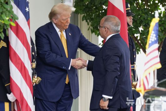 [워싱턴=AP/뉴시스] 도널드 트럼프(왼쪽) 미국 대통령이 16일(현지 시간) 백악관에서 살만 빈 하마드 알 칼리파 바레인 왕세자 겸 총리를 영접하고 있다. 빈 하마드 총리는 이날 회담에서 미국에 170억 달러(약 24조 원) 규모의 투자를 하겠다고 밝혔다. 트럼프 대통령은 이게 감사한다며 여러 중동 국가도 미국에 투자하길 바란다고 말했다. 2025.07.17.