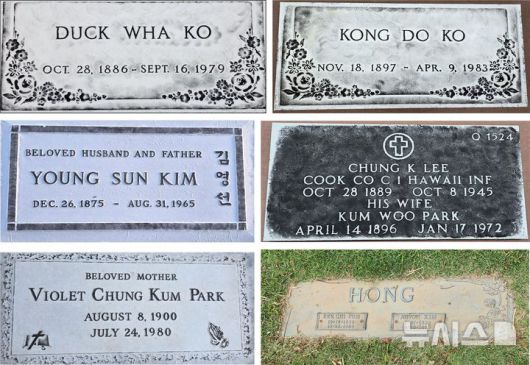 [창원=뉴시스]국립창원대학교 하와이 이민자 조사단이 묘소 미확인 독립유공자 명단을 토대로 지난 6월 4일부터 29일까지 진행한 현지조사를 통해 확인한 고 고덕화(맨 위 왼쪽서 좌우로), 김공도, 김영선, 박금우, 박정금, 홍치범 지사의 묘비 탁본.(사진=국립창원대 제공) 2025.07.18. photo@newsis.com