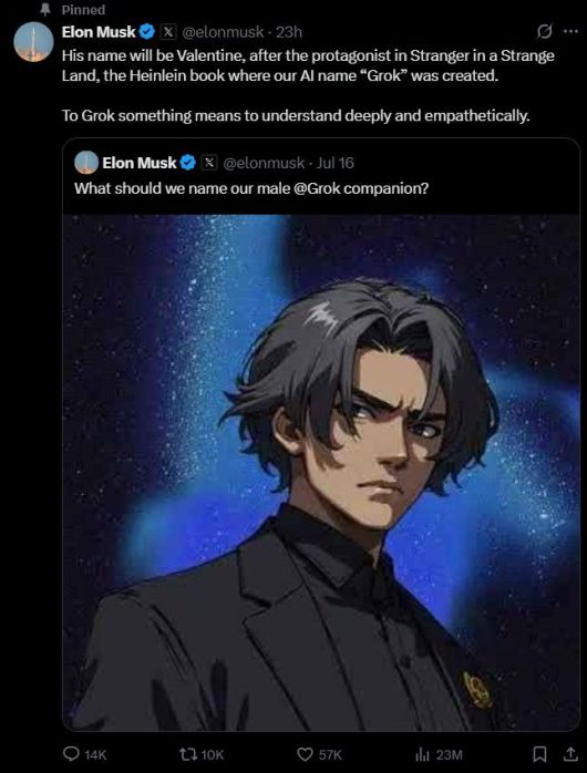 [서울=뉴시스] 일론 머스크는 지난 17일 그록에 여성 사용자들을 겨냥한 남성 AI 컴패니언(동반자) '발렌타인'도 개발하고 있다고 밝혔다. (사진=일론 머스크 엑스 캡처) *재판매 및 DB 금지